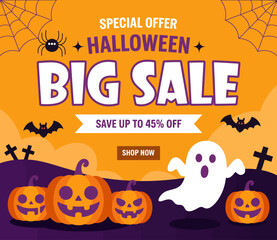 A vibrant Halloween big sale banner featuring pumpkins, a ghost, bats, and spiderwebs with a special offer of up to 45% off.