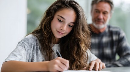 Teenage girl diligently writing on a document guided by a parent in a learning moment