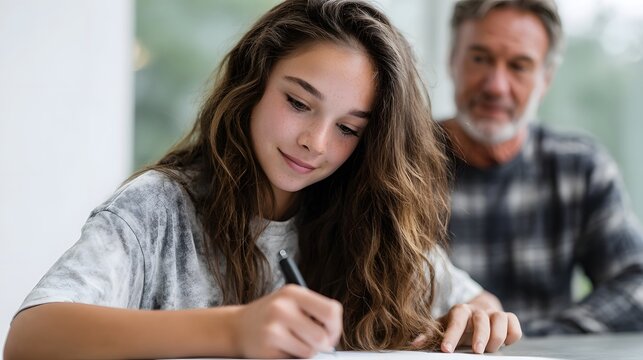 Teenage girl diligently writing on a document guided by a parent in a learning moment