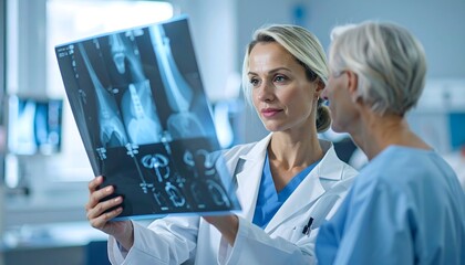 woman in a white lab coat holding a x - ray image