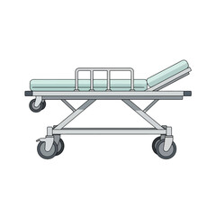 A metallic hospital stretcher with wheels and a light teal mattress.