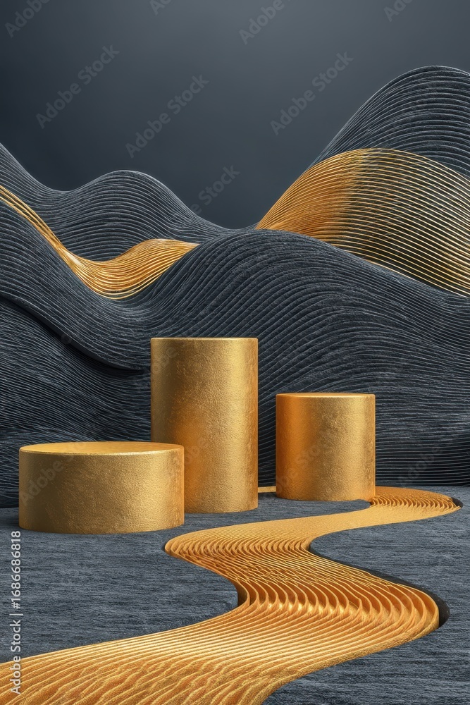 Poster abstract scene with gold cylinders and flowing lines on a dark background