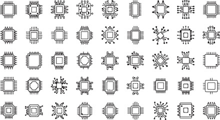 Collection of abstract square technology symbols futuristic digital circuit board microchip icons vector