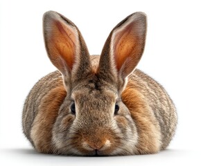 Obraz premium Close-up of a fluffy, brown bunny facing forward on a white background, with long ears standing upright, its eyes dark and nose twitching
