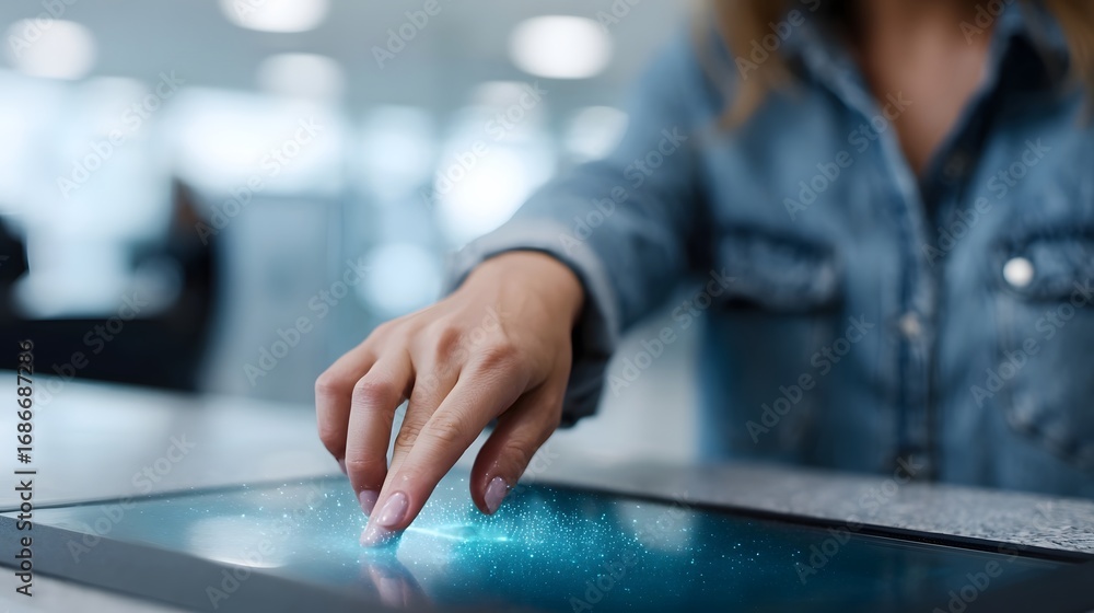 Poster human finger interacting with glowing futuristic interface symbolizing advanced digital access and i