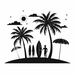 Vector silhouette of surfers on palm beach on white background. Symbol of nature and sport