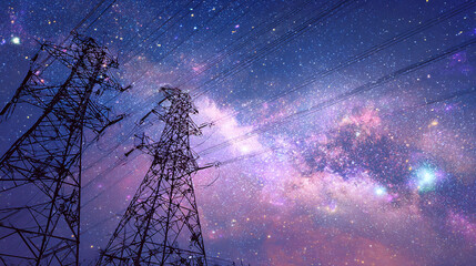 Electrical towers stand tall against a vibrant, starry sky. Power meets the cosmos in a striking juxtaposition of industry and nature's wonders.