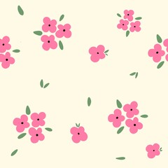 Seamless Stylized Pink Flower Pattern with Black Centers and Green Leaves on Light Beige Background – Minimalist Floral Design for Textiles, Wallpapers, and Decorative Stationery