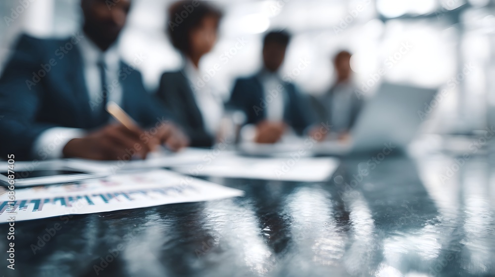 Poster business professionals collaborating around a table during a meeting reviewing documents and using a