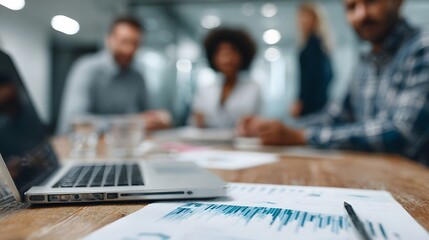 Business people in a meeting discussing financial data with laptops and graphs