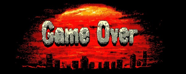 Retro pixel art game over screen with bold text and sunset background