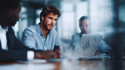 Business professionals collaborating around a laptop displaying financial data