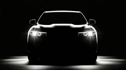 Stylish black sports car silhouette with lit headlights on a dar