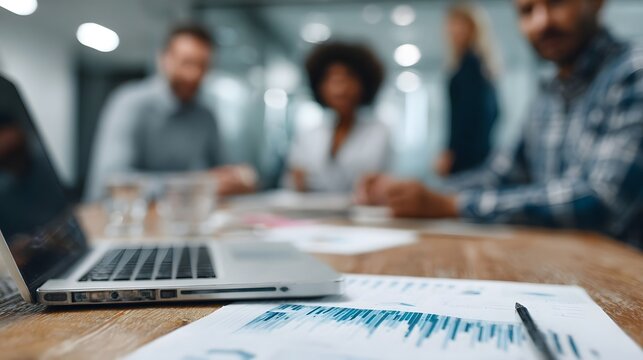 Business people in a meeting discussing financial data with laptops and graphs