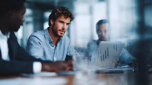 Business professionals collaborating around a laptop displaying financial data