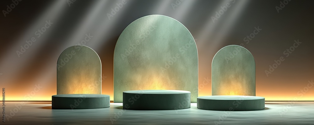 Poster minimalist stage display with three rounded podiums illuminated by spotlights