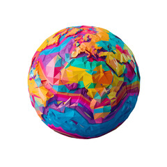 Vibrant Low Poly Earth Globe: Colorful, Abstract World Map, Futuristic Style, Global Connectivity Concept.
