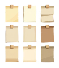 Nine rectangular pieces of aged paper, varying in shades of beige and brown, each attached with a small wooden sticky note