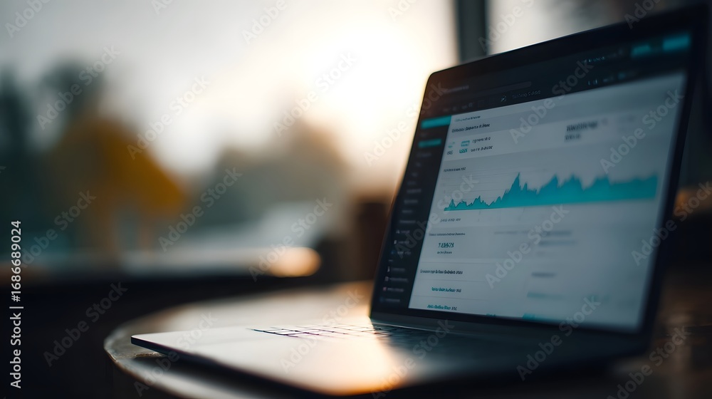 Aufkleber close up of a laptop displaying a financial dashboard with market analysis graphs and data represent