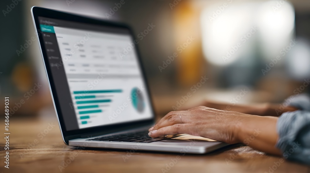 Poster hands typing on a laptop displaying a dynamic financial data analytics dashboard
