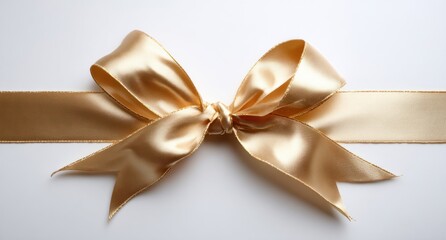 Fototapeta premium Silky gold ribbon tied in a bow lies centered on a soft white surface. The bow and ribbon exhibit subtle folds and shimmers, catching the light