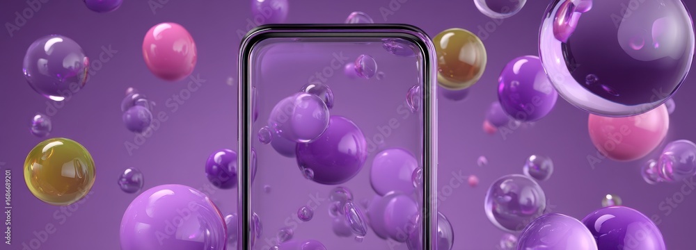 Poster futuristic smartphone design with floating colorful bubbles in purple background