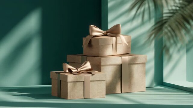 Sophisticated stacked gift boxes with golden ribbons against a serene teal backdrop