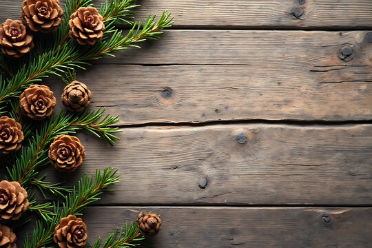Rustic christmas background with pinecones and evergreen branches decoration on wood surface