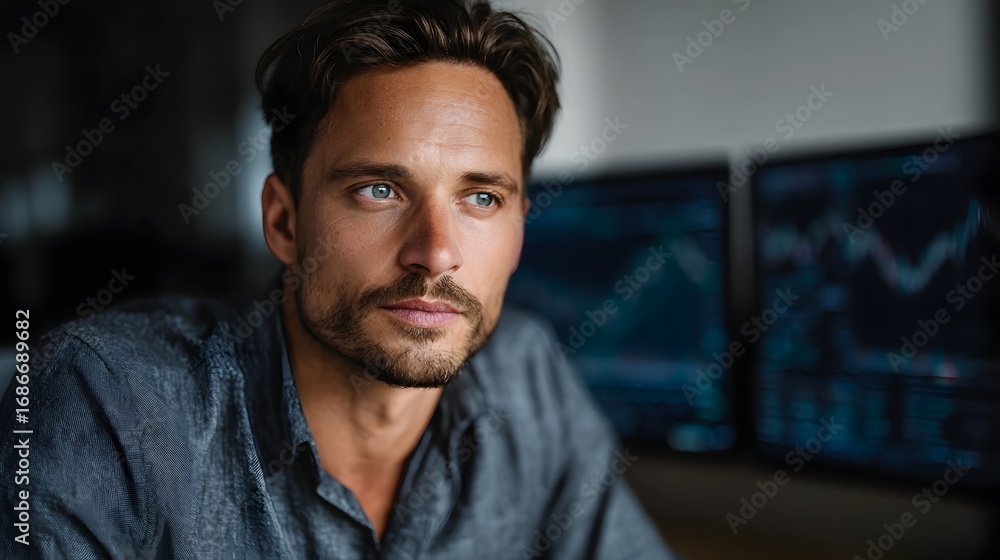 Poster businessman focused on analyzing financial charts displayed on multiple computer screens in a modern