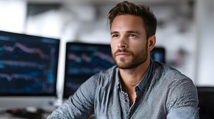 A focused businessman analyzes financial charts on multiple computer monitors in a modern office setting