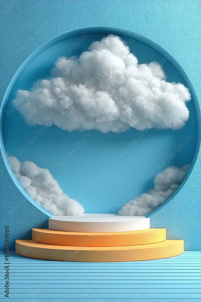 Poster surreal cloud scene with circular frame and three-tiered podium