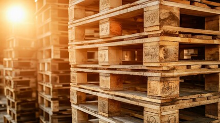 Wooden pallets stacked with sunlight warehouse storage supply chain industrial business background cargo design