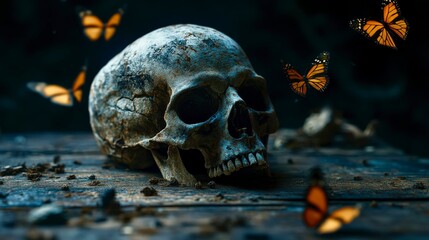 Skull lying on ground glowing butterflies fantasy mystical artwork surreal gothic design emotional dramatic atmosphere