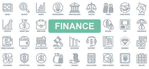 Finance concept simple line icons set. Pack outline pictograms of deposit, growth, briefcase, secure, atm, insurance, banking, wallet, cash and other. Symbols for website and mobile app design.