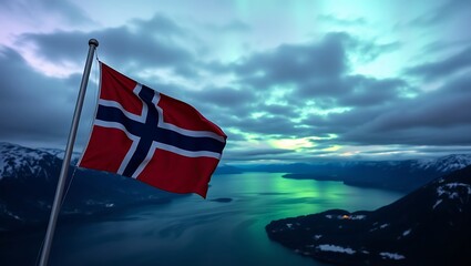 Norwegian flag waving against a backdrop of mountains, water, and a cloudy sky at dusk or dawn