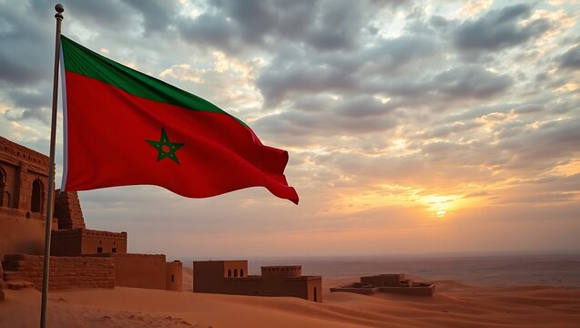 Flag of the rif republic flying over a desert landscape at sunset with buildings in the background