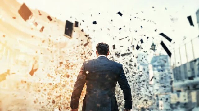 Businessman running away from exploding office building