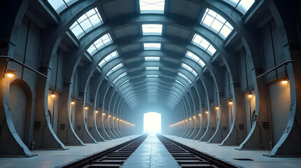 Fototapeta premium Empty industrial hangar interior with train tracks leading to bright light