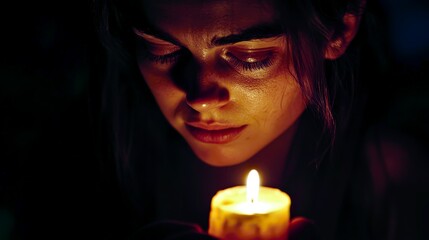 Woman holding candle darkness portrait hope peace faith emotional light warm atmosphere background