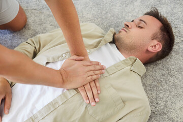 Resuscitation compressions in cardiopulmonary resuscitation (CPR) for first aid. Heart attack...