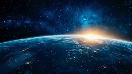 Fototapeta premium Outer space Earth horizon glowing cosmic perspective with dramatic star background