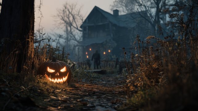 Spooky Halloween scene with jack-o'-lantern and eerie house at dusk