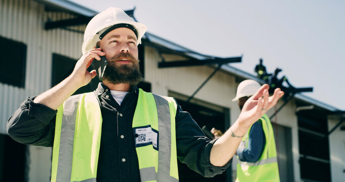 Phone call, engineer and man at warehouse for shipping, supply chain or logistics. Mobile, supervisor and conversation for export update, inventory or question for industrial distribution