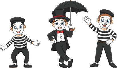 Cartoon mime characters in different poses with expressive faces, wearing classic outfits and performing silent comedy, vector illustration for entertainment themes