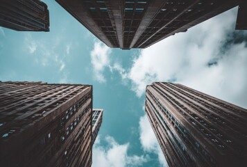 Upward perspective of tall, urban buildings reaching into a blue sky scattered with soft white clouds, creating a feeling of awe and modern architecture