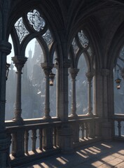 Fototapeta premium A stone arched corridor with decorative columns overlooks a misty valley, with sunlight streaming through the arches, creating a peaceful, ancient atmosphere