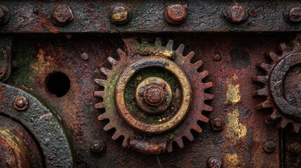 Rusty Gears of Time: The intricate details of aged, industrial gears, now bearing the marks of time with rust and wear, showcasing a raw, authentic texture.