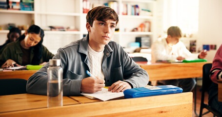 High school students, boy or listening in classroom for lesson, curriculum knowledge or...