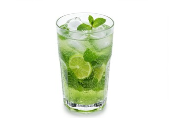Refreshing lime and mint cocktail with ice in a clear glass, showcasing vibrant green hues and a crisp, cool ambiance.