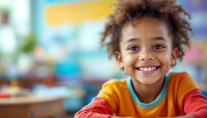 Cheerful child portrait at desk with blurred colorful classroom background.